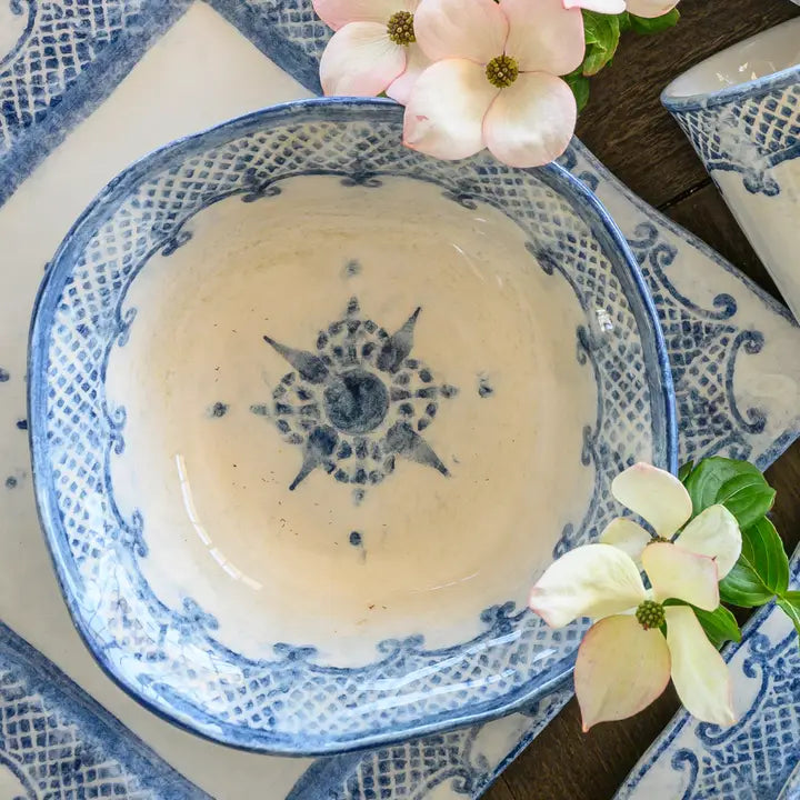 Blue Embossed Ceramic Footed Compote Bowl - Image 4